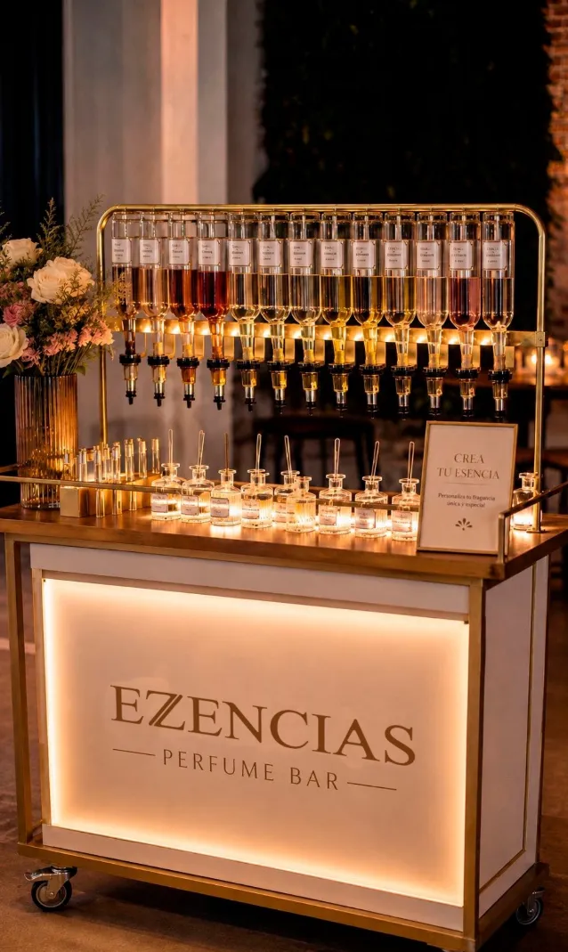 Barra de perfumes Ezzencias iluminada durante un evento